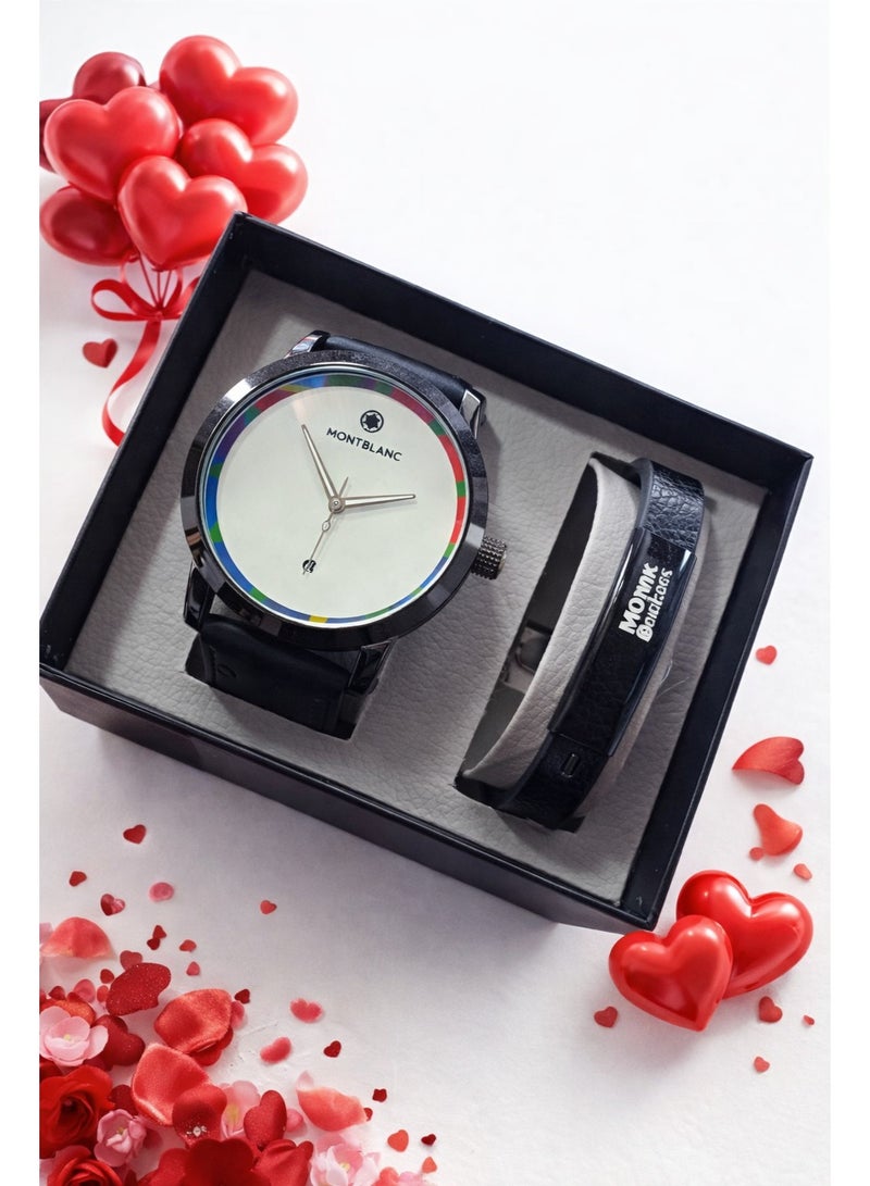 Montblanc Men’s Watch & Bracelet Gift Set – Black Leather Strap, Minimal Dial Design - Image 1